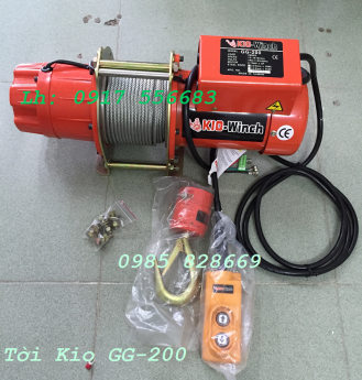 Tời điện Kio Đài Loan 200kg, 300kg, 500kg cáp dài 30m, 45m, 50m dùng điện 220v: GG200, GG300L, GG500