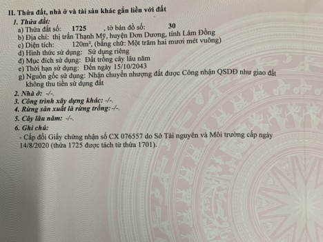 Bán Đất 579 Triệu DT 5x24m Thị Trấn Thạnh Mỹ - Đơn Dương - Lâm Đồng