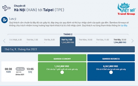 Vé Tết Hà Nội Đài Bắc hãng Bamboo Airways bao nhiêu tiền?
