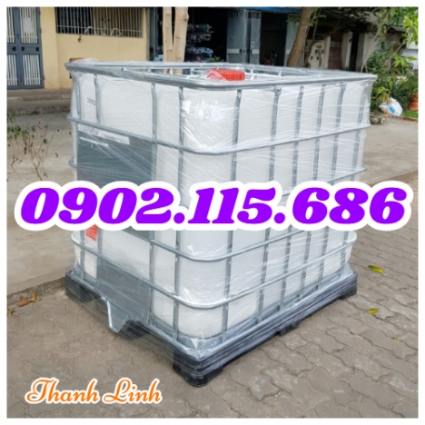 Bồn nhựa trắng, bồn nhựa có khung thép bao quanh, tank IBC, bồn nhựa 1000 lít, tank hóa chất 1000 lí