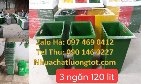 Thùng rác nhựa nắp lật bộ 3, Thùng rác 120l, 240l Thùng rác bập bênh, Thùng rác nhựa duy tân, thùng