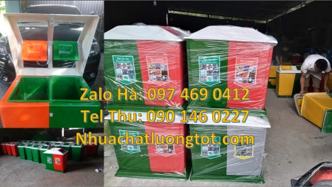 Thùng rác nhựa nắp lật bộ 3, Thùng rác 120l, 240l Thùng rác bập bênh, Thùng rác nhựa duy tân, thùng