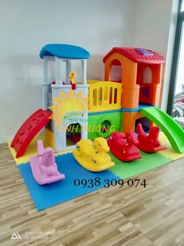 Bộ cầu trượt 2 khối, bộ cầu trượt 2 mái nhà