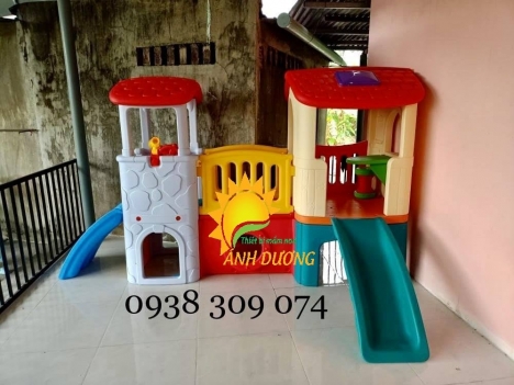 Bộ cầu trượt 2 khối, bộ cầu trượt 2 mái nhà