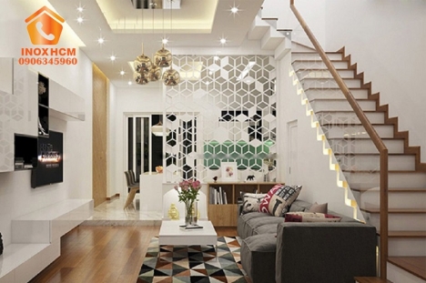 Vách ngăn inox bếp và phòng khách sang trọng và hiện đại - nhận gia công inox theo yêu cầu