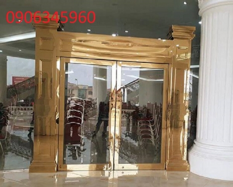 Cửa Kính Cường Lực Khung Inox Vàng Gương - nhận gia công inox theo yêu
