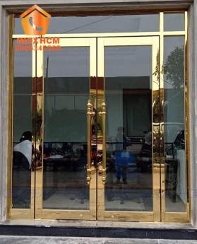Cửa Kính Cường Lực Khung Inox Vàng Gương - nhận gia công inox theo yêu