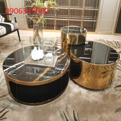 Bàn trà mặt kính đen inox 304 mạ PVD - nhận gia công inox theo yêu cầu