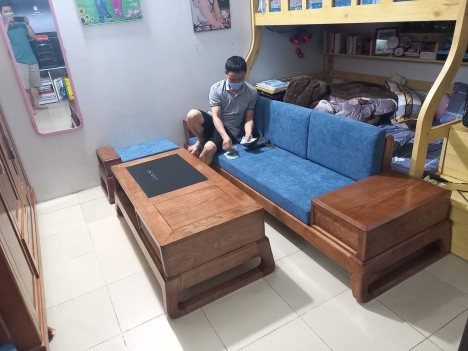 Ảnh thực tế bộ sofa văng đơn chân quỳ gỗ sồi Nga cho phòng khách nhỏ