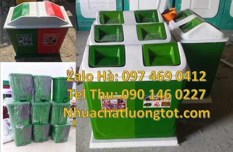 Thùng rác 2 ngăn nhựa hdpe, thùng rác 3 ngăn, Thùng rác nhựa nắp lật bộ 3, thùng phân loại rác 2 ngă