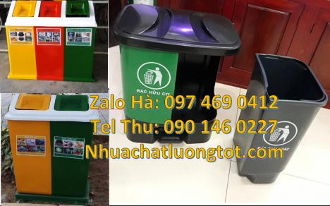 Thùng rác 2 ngăn nhựa hdpe, thùng rác 3 ngăn, Thùng rác nhựa nắp lật bộ 3, thùng phân loại rác 2 ngă