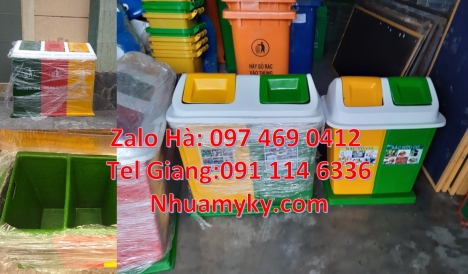 Thùng rác 3 ngăn composite, thùng rác đạp chân 2 ngăn, sọt rác, Thùng rác 2 ngăn 40L uy tín, Thùng