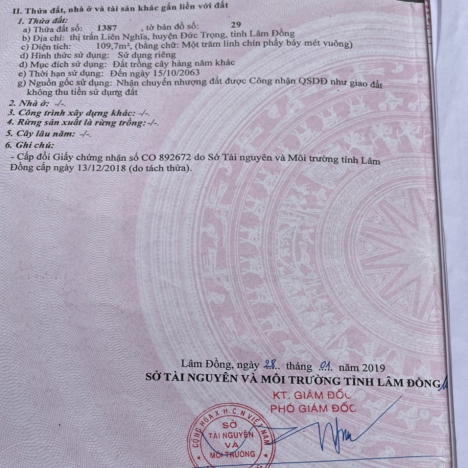 Bán Đất Liên Nghĩa 1,3 Tỷ DT 109m2 (5x22m) Thổ Cư 50m2 Liên Nghĩa - Đức Trọng