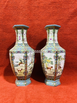 Giao lưu cặp bình gốm sứ vẽ vàng Giang Tây