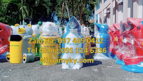thùng rác công cộng thùng rác cá heo, thùng rác cá chép, thùng rác gấu trúc, thùng rác chuột mic
