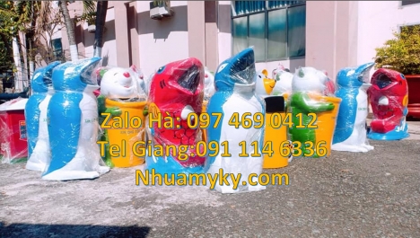 thùng rác công cộng thùng rác cá heo, thùng rác cá chép, thùng rác gấu trúc, thùng rác chuột mic