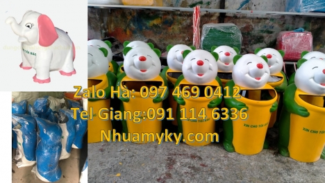 thùng rác công cộng thùng rác cá heo, thùng rác cá chép, thùng rác gấu trúc, thùng rác chuột mic
