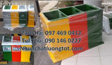 Thùng rác nhựa duy tân, thùng rác 3 ngăn composite, Thùng rác 3 ngăn dùng trong trường  học, thùng r