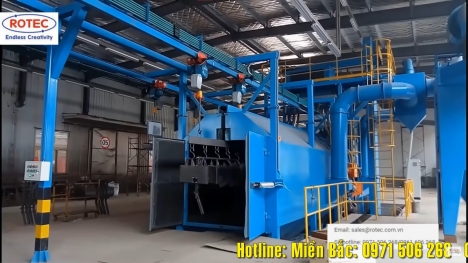 Máy phun bi băng tải con lăn/máy phun bi giá treo quay/máy phun bi băng tải cuốn uy tín chất lượng