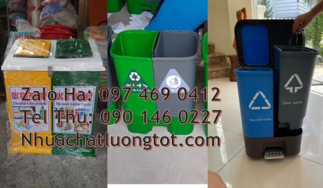 thùng phân loại rác 3 ngăn, Thùng rác 3 ngăn composite, thùng rác đạp chân 2 ngăn, sọt rác, Thùng