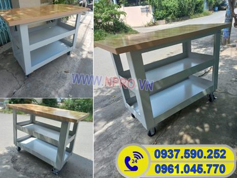 Xe đẩy 2 ngăn mặt gỗ, kệ dụng cụ kết hợp bàn làm nguội cơ khí