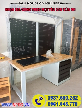 Xe đẩy 2 ngăn mặt gỗ, kệ dụng cụ kết hợp bàn làm nguội cơ khí