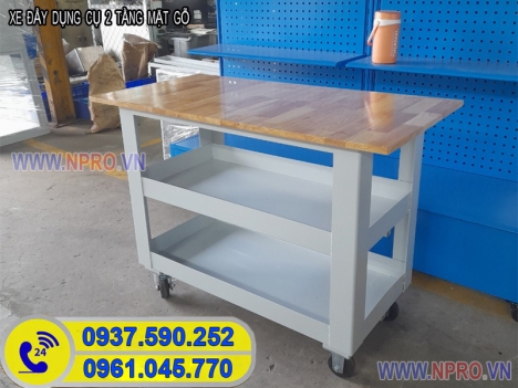Xe đẩy 2 ngăn mặt gỗ, kệ dụng cụ kết hợp bàn làm nguội cơ khí