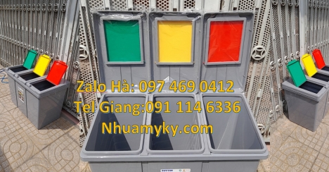 Thùng rác 3 ngăn bập bênh Thùng rác nắp lật bộ 3, Thùng đựng rác composite, bán sỉ thùng rác vô cơ,