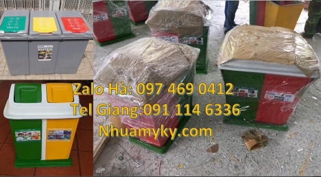 Thùng rác 3 ngăn bập bênh Thùng rác nắp lật bộ 3, Thùng đựng rác composite, bán sỉ thùng rác vô cơ,