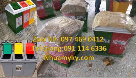 Thùng rác 3 ngăn bập bênh Thùng rác nắp lật bộ 3, Thùng đựng rác composite, bán sỉ thùng rác vô cơ,
