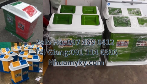 Thùng rác 2 ngăn nắp lật, thùng rác 3 ngăn trường học, thùng rác 3 ngăn, Thùng rác nhựa nắp lật bộ 3