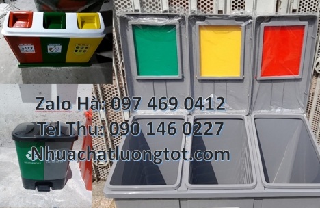 Thùng rác nhựa nắp lật bộ 3, thùng phân loại rác 2 ngăn thùng phân loại rác 3 ngăn, Thùng rác 2 ngă