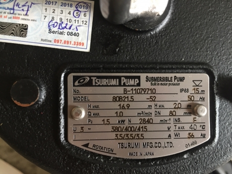 Máy bơm nước thải Tsurumi 80U21.5 họng xả 80. xuất xứ Japan