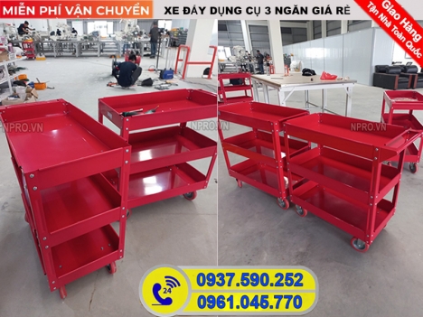 Xe đẩy dụng cụ 3 ngăn, tủ đựng đồ nghề cơ khí 3 ngăn giá rẻ