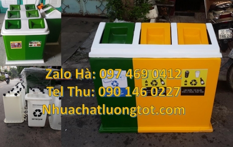 Thùng rác 3 ngăn bập bênh Thùng rác nắp lật bộ 3 Thùng đựng rác composite, bán sỉ thùng rác vô cơ,