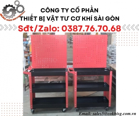 Xe đẩy đồ nghề 3 tầng - Có vách và bảng treo dụng cụ