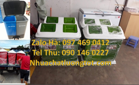 Thùng rác 3 ngăn bập bênh Thùng rác nắp lật bộ 3 Thùng đựng rác composite, bán sỉ thùng rác vô cơ,