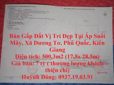 Bán Gấp Đất Vị Trí Đẹp Tại Ấp Suối Mây, Xã Dương Tơ, Phú Quốc, Kiên Giang