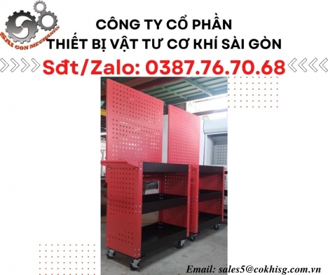 Xe đẩy đồ nghề 3 tầng - Có vách và bảng treo dụng cụ