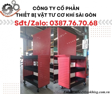Xe đẩy đồ nghề 3 tầng - Có vách và bảng treo dụng cụ