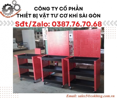 Xe đẩy đồ nghề 3 tầng - Có vách và bảng treo dụng cụ