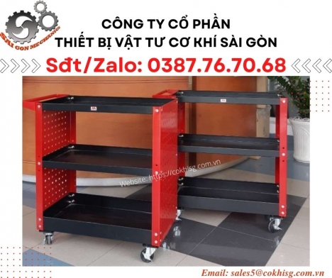 Xe đẩy đồ nghề 3 tầng - Có vách treo dụng cụ