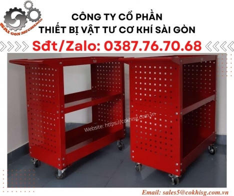 Xe đẩy đồ nghề 3 tầng - Có vách treo dụng cụ