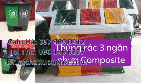 Thùng Rác 3 Ngăn, Thùng rác composite 2 ngăn, Thùng rác nắp lật bộ 3, Thùng rác 120l 240l nắp hở