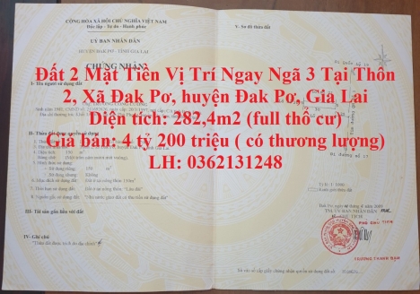 Đất 2 Mặt Tiền Vị Trí Ngay Ngã 3 Tại Thôn 2, Xã Đak Pơ, huyện Đak Pơ, Gia Lai