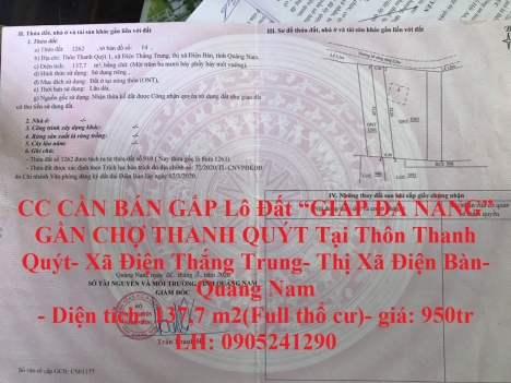 CC CẦN BÁN GẤP Lô Đất “GIÁP ĐÀ NẴNG” GẦN CHỢ THANH QUÝT Tại Điện Thắng Trung-TX Điện Bàn-Quảng Nam