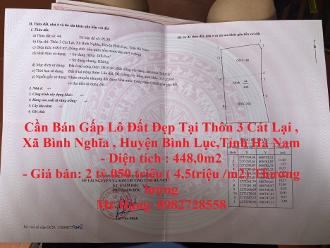 Cần Bán Gấp Lô Đất Đẹp Tại Huyện Bình Lục ,Tỉnh Hà Nam