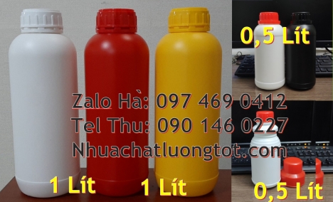 Chai 500 ml đựng hóa chất, chai 1l đựng thuốc thủy sản, chai 0.5l nắp vặn, chai 1l màu trắng sữa Cha