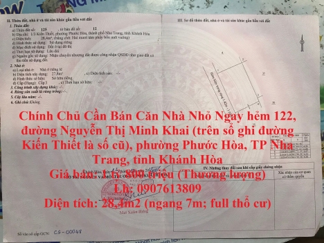 Chính Chủ Cần Bán Căn Nhà Nhỏ Ngay Trung Tâm TP Nha Trang