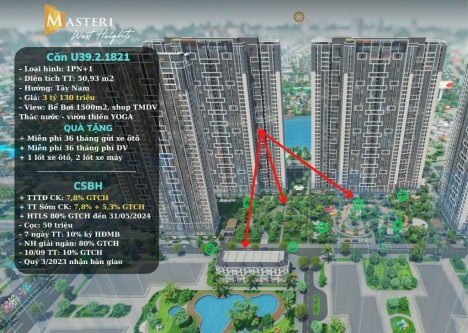 Cần bán gấp căn chung cư cao cấp 1PN+1  Masteri West Heights đại đô thị Smart City